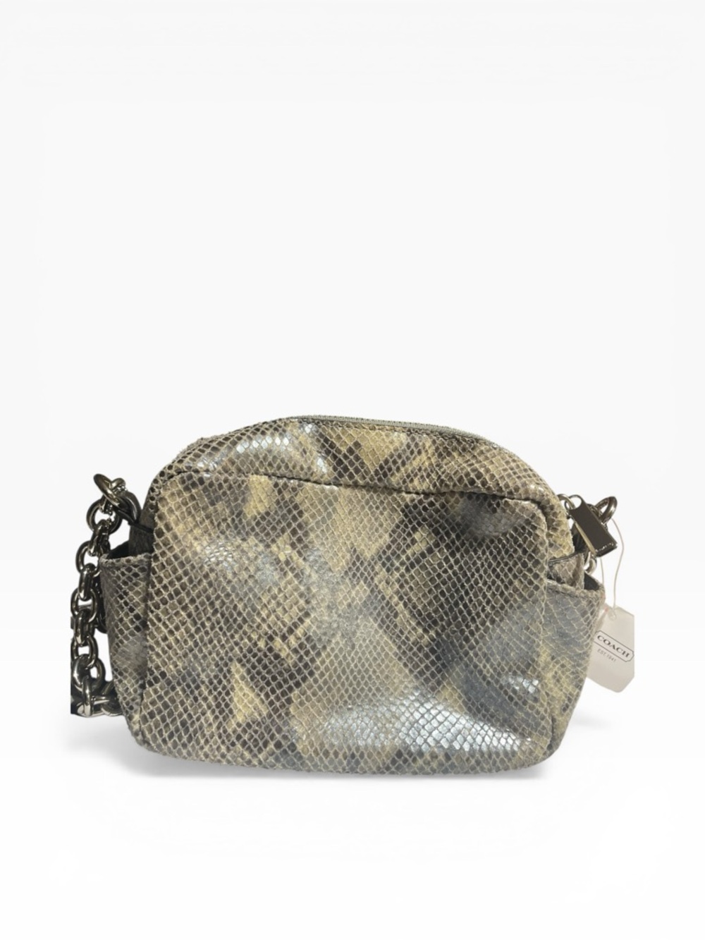 Coach Snakeskin Embossed Leather Shoulder Bag Chain Strap Y2K Mini Flap Grey - Picture 3 of 16